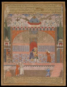 Khawja Buzurjmihr prend congé de sa vieille mère pour aller dans le monde et chercher réparation, du Hamzanama, folio manuscrit, c.1560-65 - Mughal School